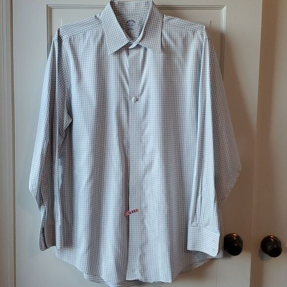 BROOKS BROTHERS WHITE BLUE PLAID NON-IRON COTTON MEN'S DRESS SHIRT 16.5 5 WINDOW - Picture 5 of 5